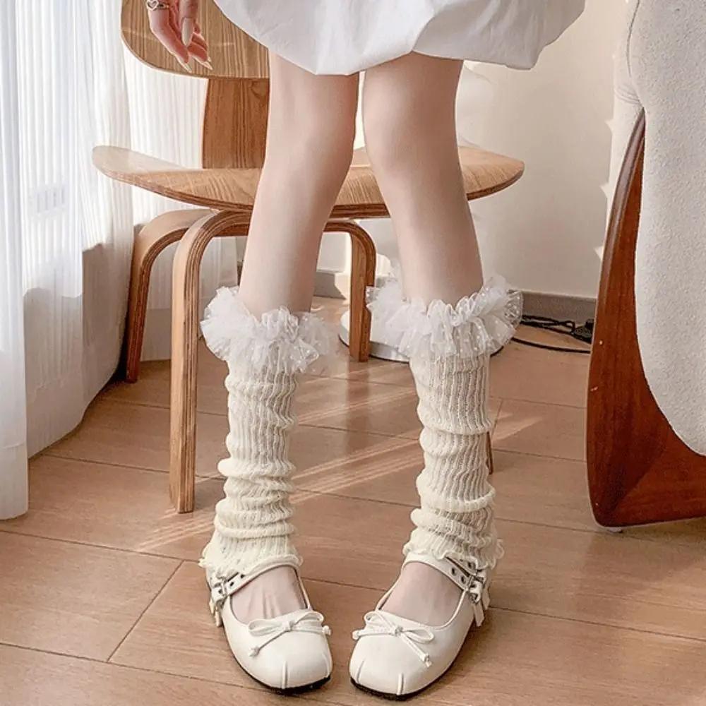 Ballet Style Sweet Leg Warmer Cotton Candy Color Knee High Ruffle Socks Lace Edge Breathable Open Toe Socks Streetwear