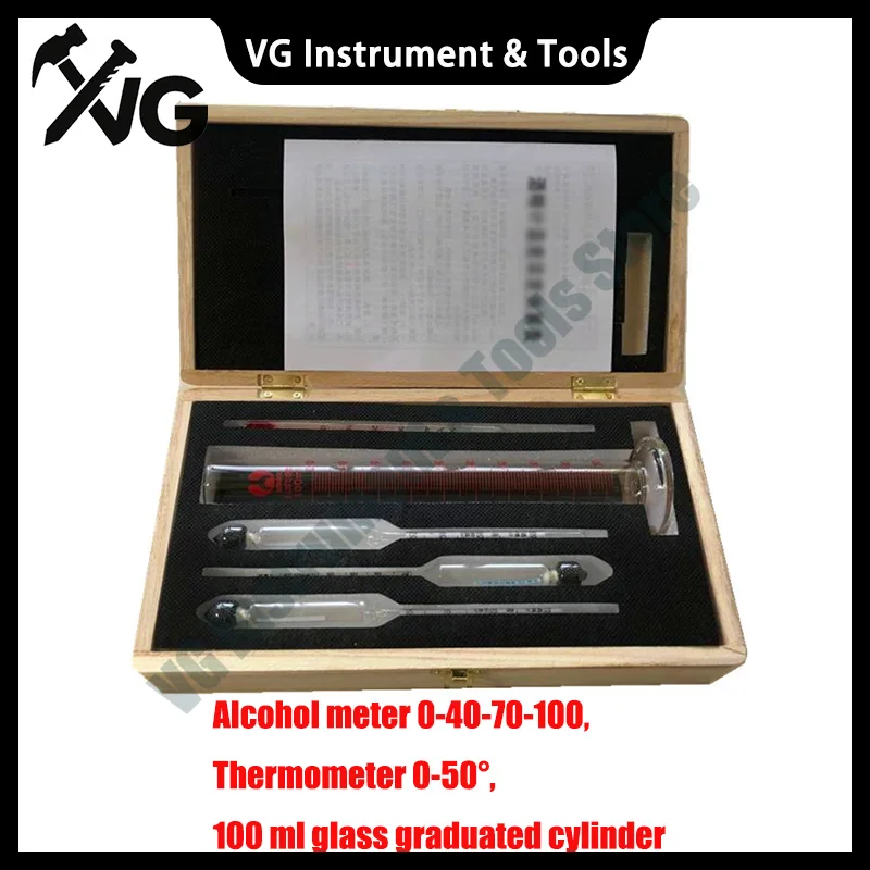 Hydrometer-Tester Vintage Messflasche Holzbox-Set Werkzeuge Alkoholmeter Alkoholgehalt-Messgerät Weinkonzentrationsmesser Thermometer – Detail 1