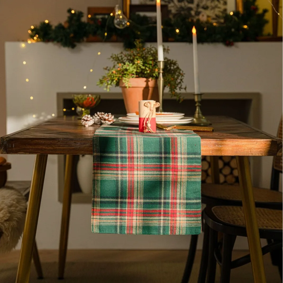 

Modern New Christmas Table Path Double-deck Party Decoration Rectangular Polyester Cotton Plaid Striped Check Xmas Table Runner