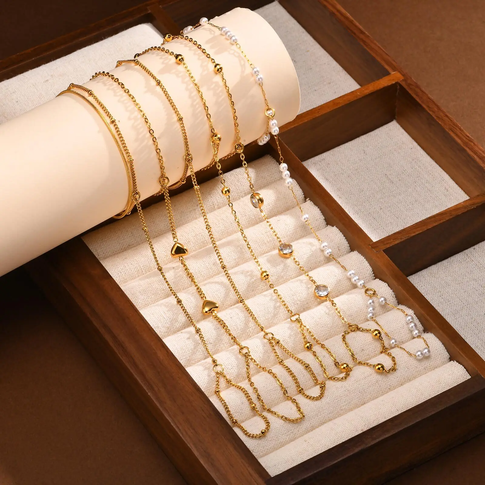 Vnox Stainless Steel Beads Link Chain Finger Bracelets For Women New Fashion Finger Hand Chain Jewelry Gifts