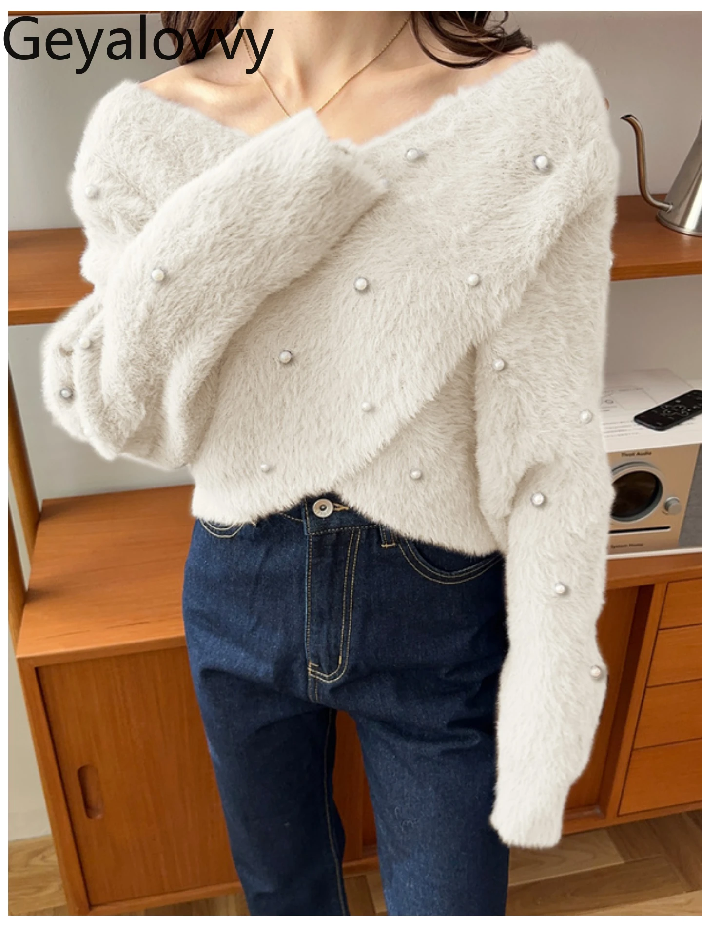 

Осень-зима, пуловер с жемчугом в японском стиле, свитера с открытыми плечами, облегающий элегантный пушистый вязаный топ с короткими рукавами и длинными рукавами для женщин