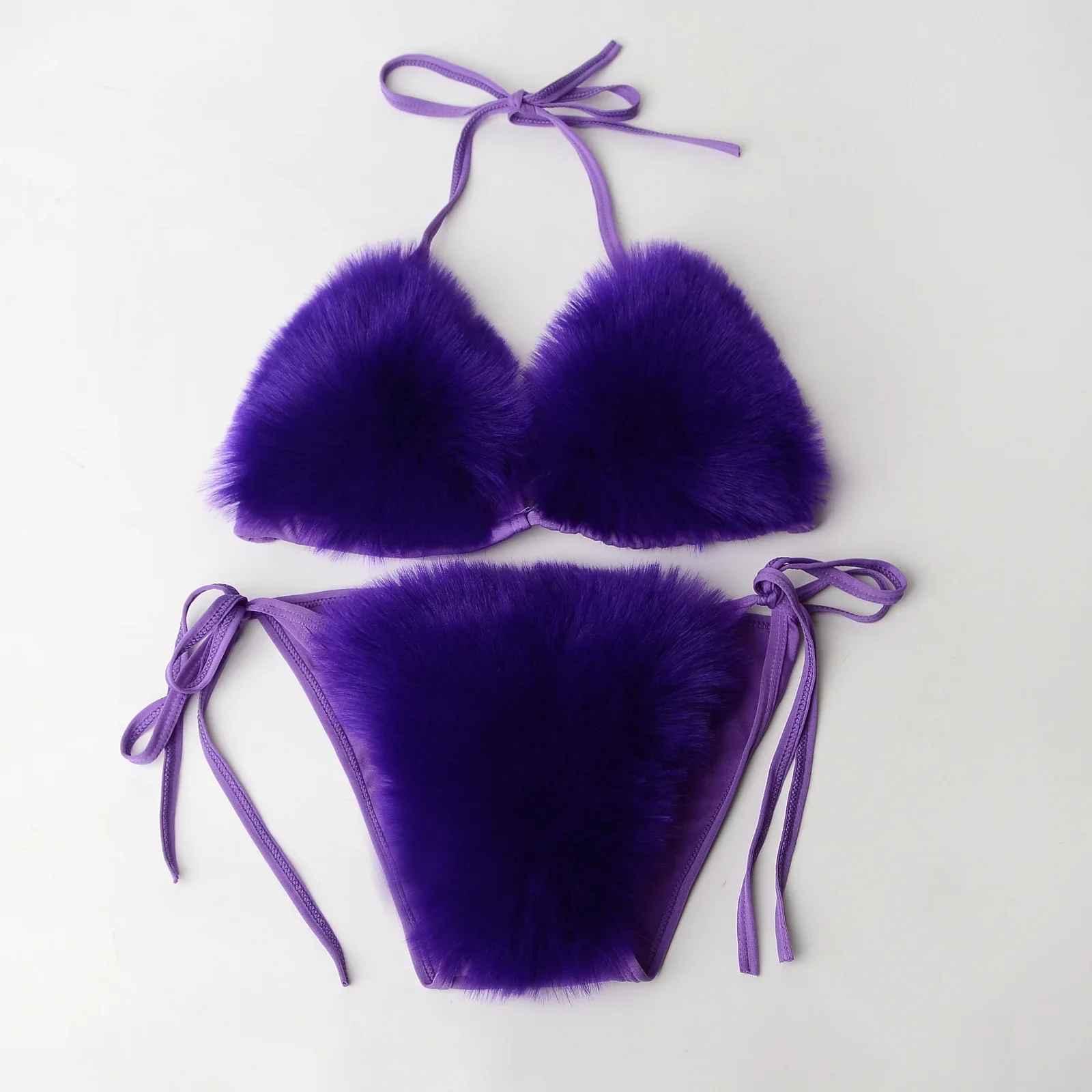 Fake Fox Fur Monocromático Bikini Set para Mulheres Faux Fur Swimsuit Sexy Underwear, Sutiã Dividido Triângulo, Swimwear de Pelúcia, Dois Maiôs Peça, Novo