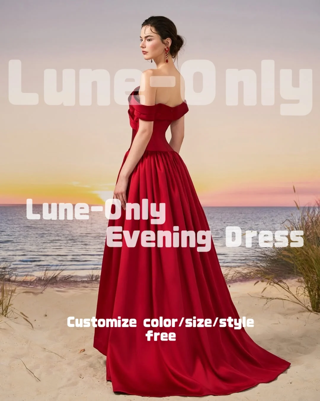 Sukienki wieczorowe damskie z satyny w kolorze czerwonym, z odkrytymi ramionami, drapowane, asymetryczne, eleganckie suknie na przyjęcie, bal, formalne okazje.