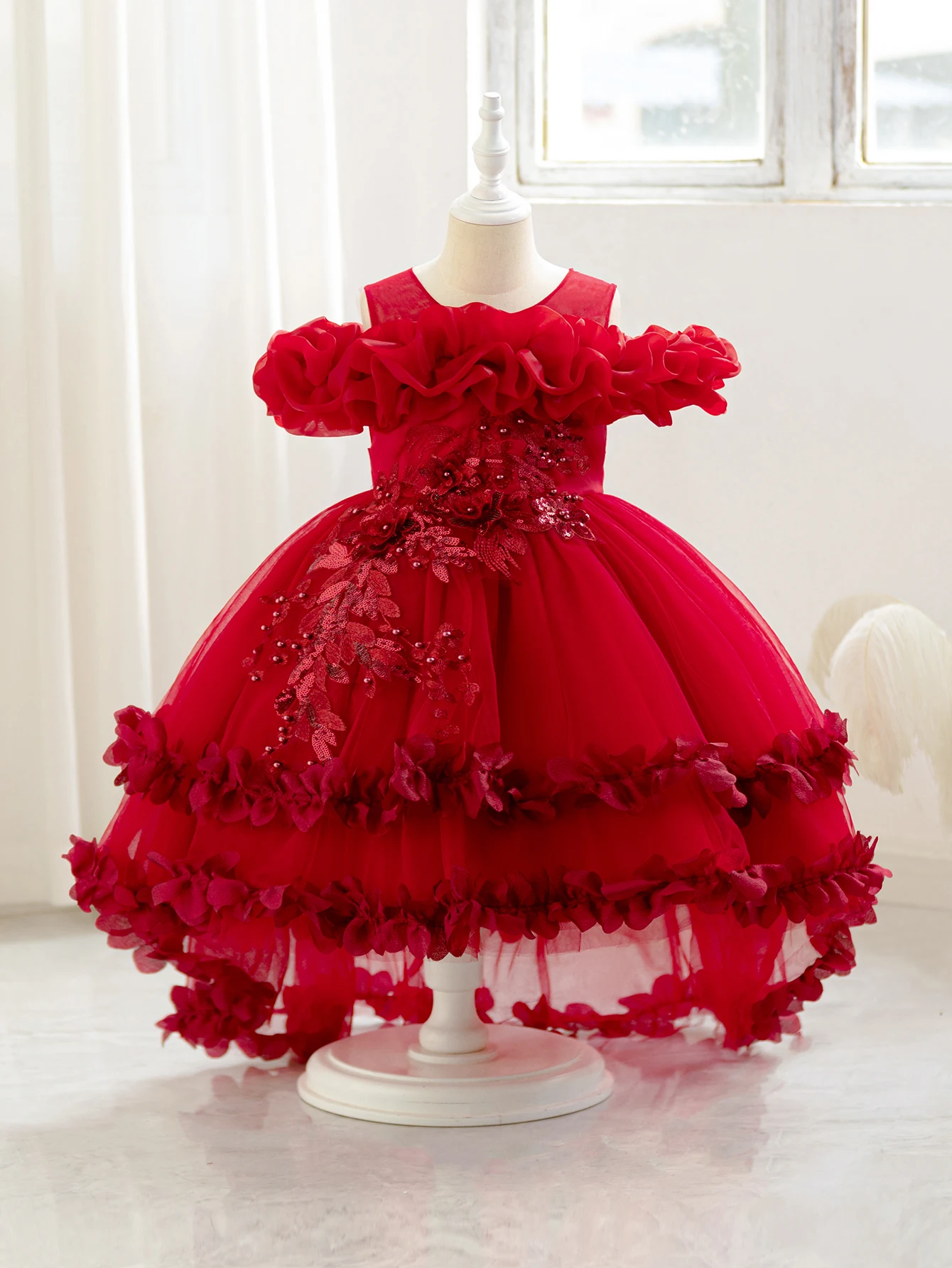 New Children's Dress Shoulder Birthday Party Princess Dress Solid Color Wedding Dress Holiday Dress Three-Dimensional Flowers