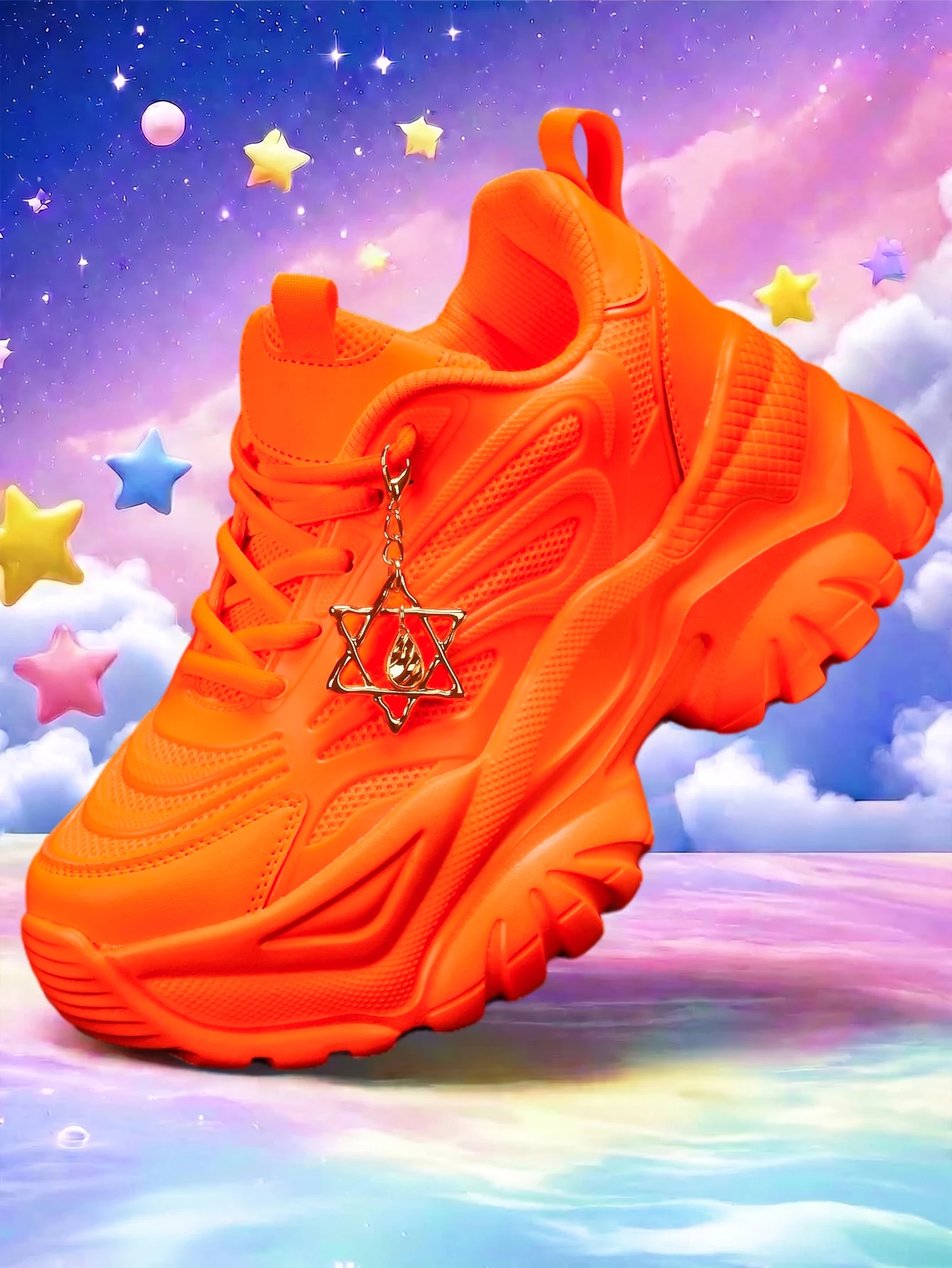 Women's Outdoor All-Season Fashion Vulcanized Shoes, Eva Lightweight Thick-Soled 7cm Height-Increasing Sneakers, Orange Sports Shoes with a Sweet-Cool Style, Gold Water Drop Hexagram Detachable Charm, Suitable for Running, Fitness, and Various Occasions