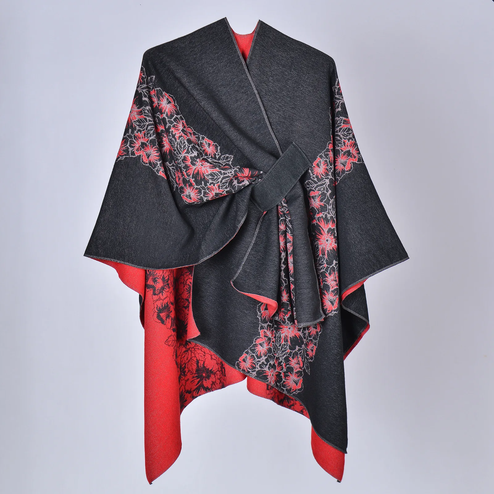 Strap-fastened split shawl  ladies reversible Cape multi-functional imitation cashmere split cloak Women Poncho P2
