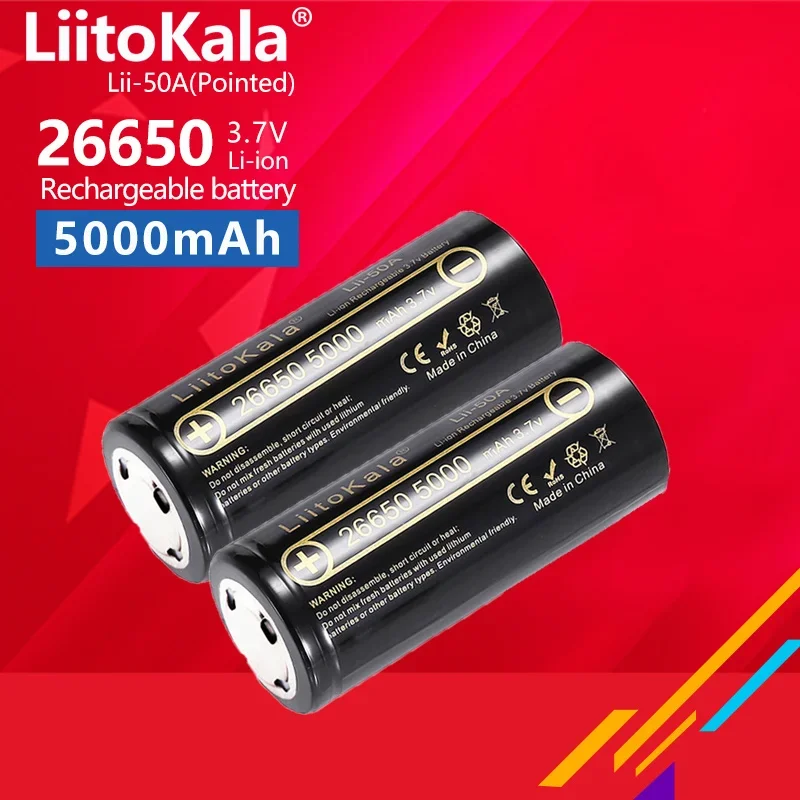 1-16pcs LiitoKala Lii-50A Tipped 3.7V 26650 Li-ion Rechargeable Battery 5000mAh High Capacity for Flashlight Power Tools