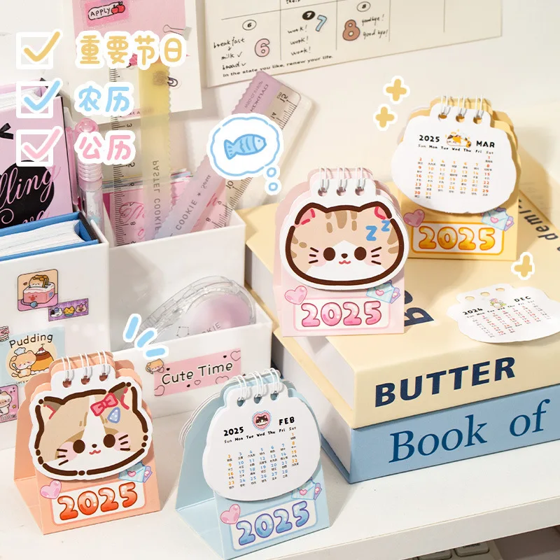 Mini Portable 2025 Desk Calendars Kawaii Cat Shape Coil Calendar Book Cute Daily Planner Schedule Organizer Time Manegement