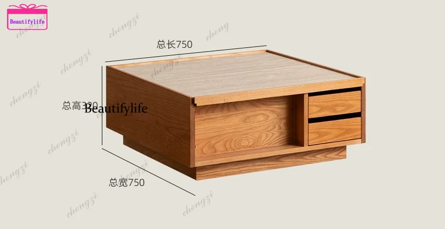 a55 Solid wood rock slab double pumping storage square coffee table small apartment living room antique household tea table