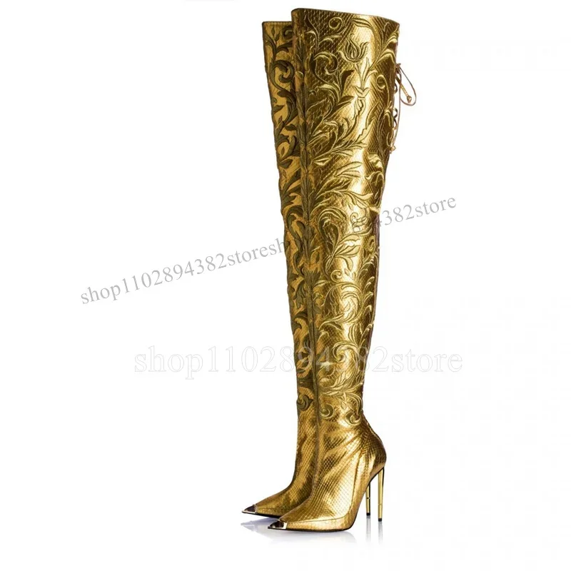 

Gold Crocodile Print Floral Fretwork Pointed Toe Boots Back Strap Women Shoes Thin High Heels Fashion 2023 Zapatos Para Mujere