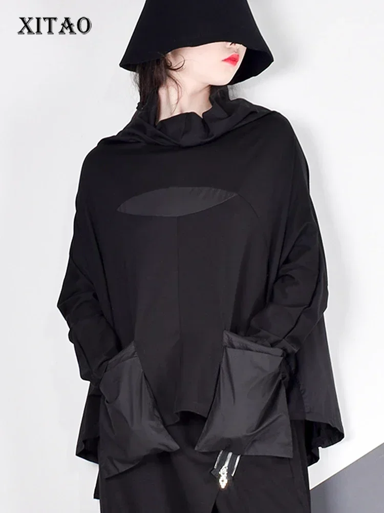 Xitao-女性用パッチワークポケットTシャツ,スタンドカラー,ストリートウェア,カジュアル,ブラック,韓国夏,lyh2877