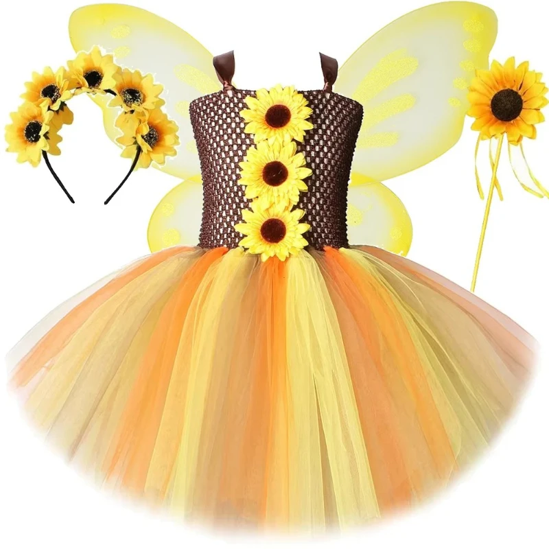 Autumn Sunflowers Tutu Dress for Girls Fall Woodland Fairy Halloween Costumes with Wings Outfit Kids Stage Performance Clothes - view 2
