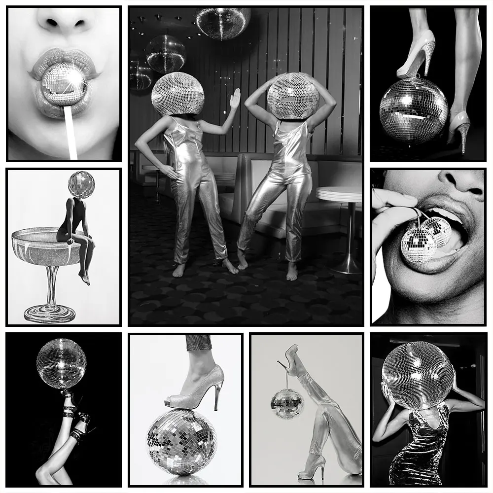 

Black and White Fashion Poster Disco Ball Dancefloor Disco Party Prints Retro Wall Art Picture Canvas Painting Bar Room Decor