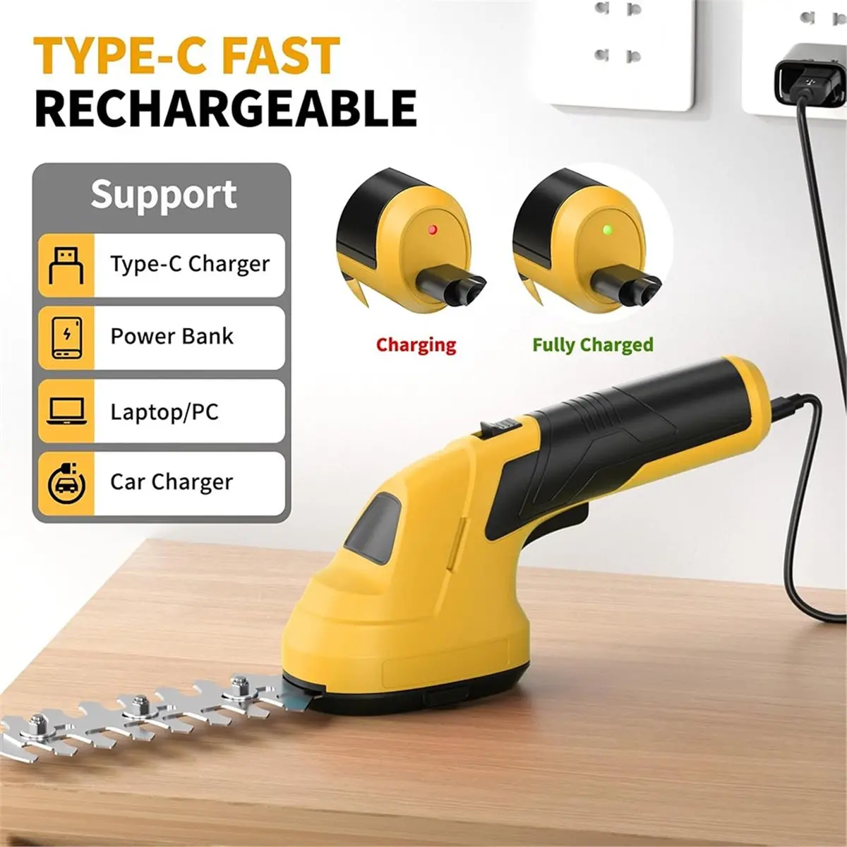 A74U Cordless Grass Shear Hedge Trimmer 2 in 1 Light Weight Electric Grass Trimmers with Type-C Handheld Shrub Trimmer Yellow