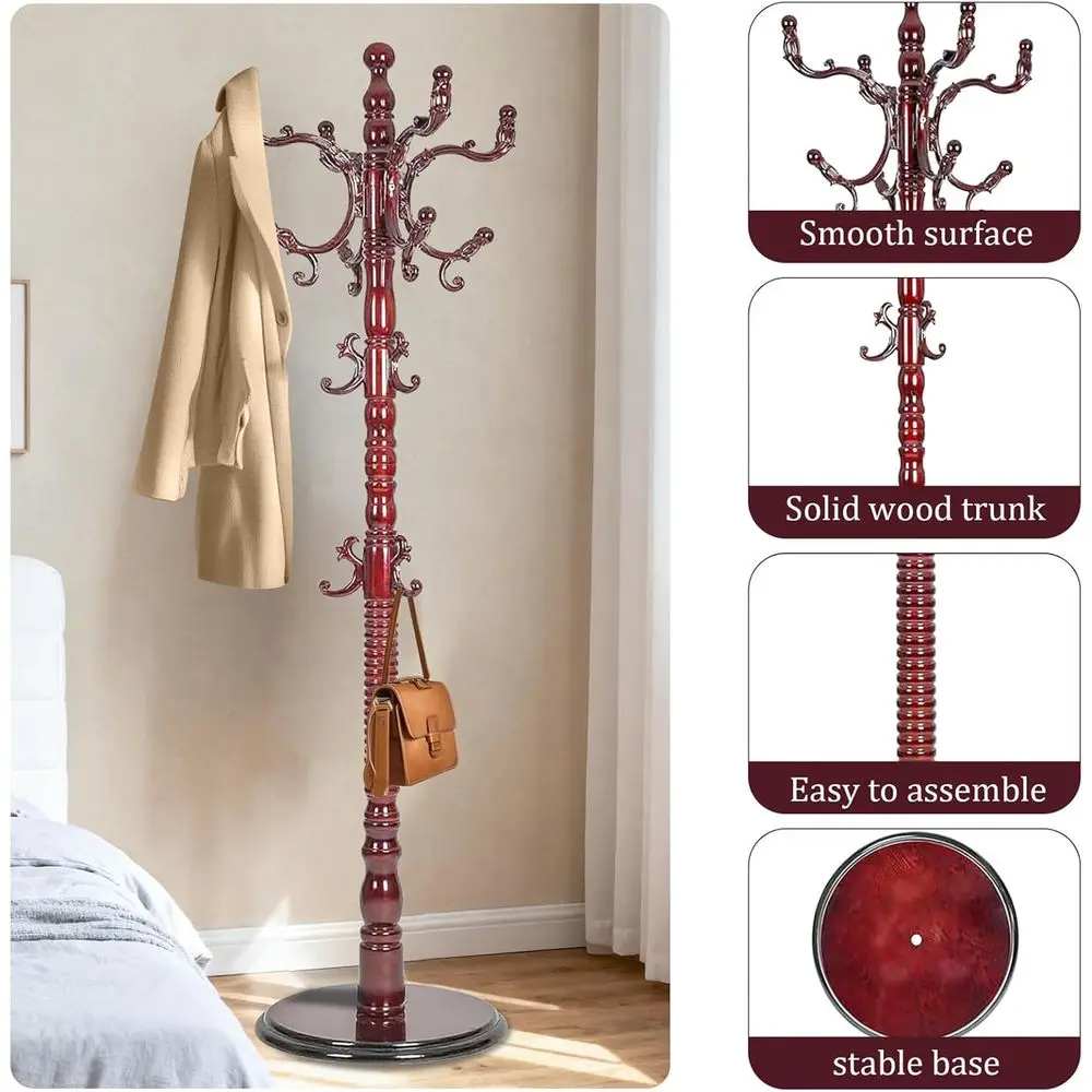 رف معطف عتيق قائم بذاته، حامل رف معطف مع 18 خطافًا وقاعدة خشبية صلبة مستديرة قوية، ثلاثة مستويات قابلة للتعديل لغرفة النوم #5