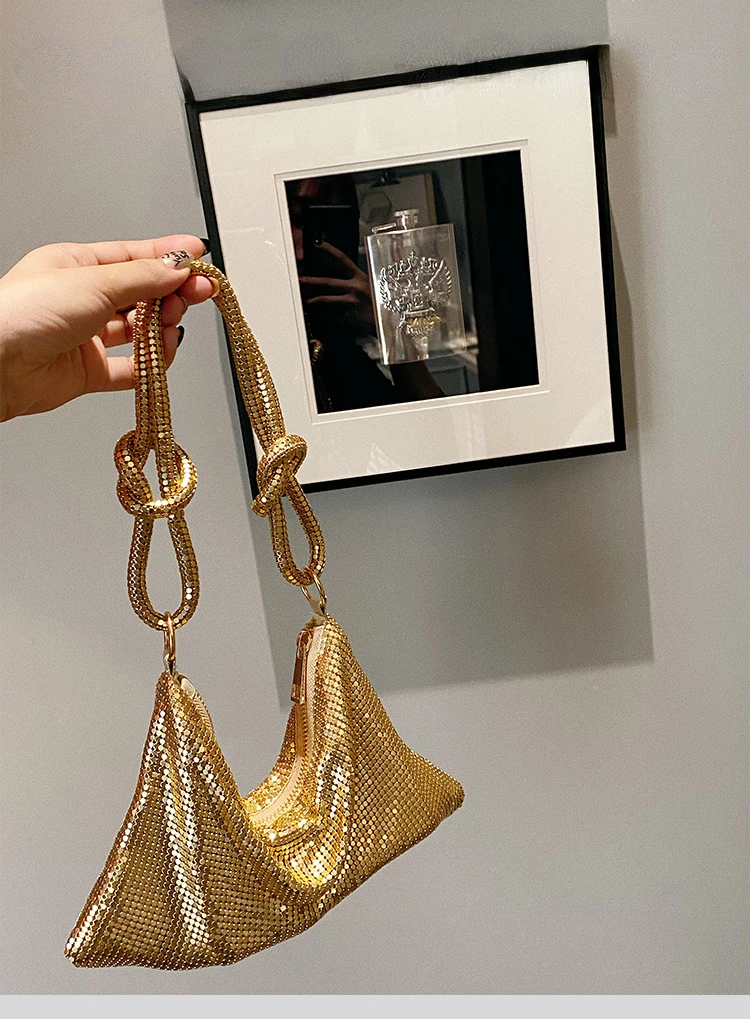 Fashion Metal Mesh Women Shoulder Bags Designer Gold Handbags Shinny Knot Strap Evening Bag Glitter Large Tote Party Purse 2023