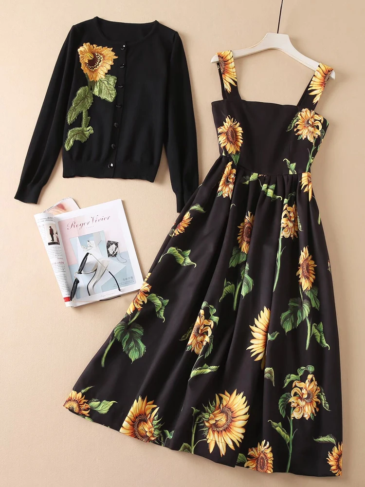 SEQINYY Black Suit Casual Spring New Fashion Design Women Runway Autumn Embroidery Knitting Cardigan +Strapless Dress Flower