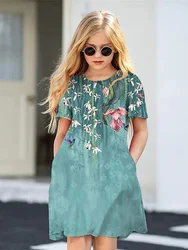 Summer print girls off-the-shoulder round neck fashion dress hot sale