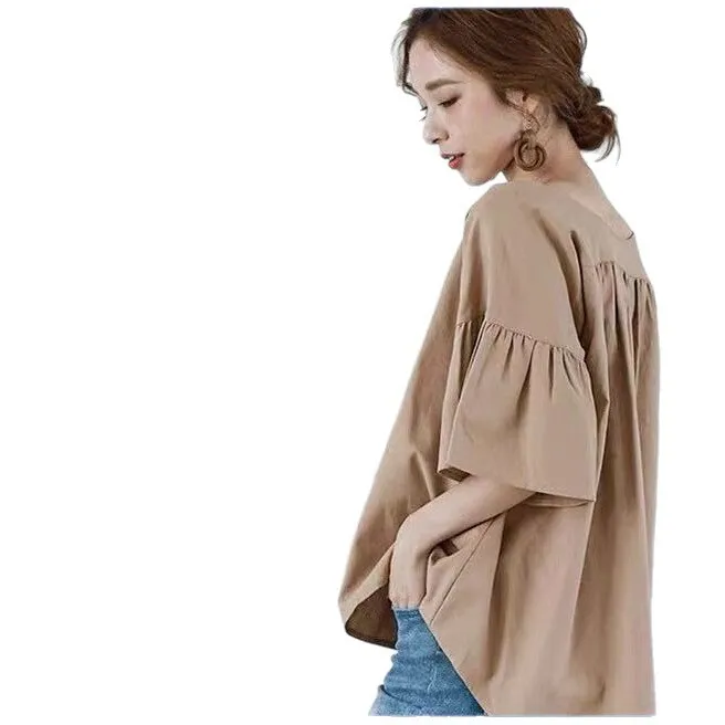 롯데 일본 및 한국 스타일 여성 반팔 셔츠 브이넥 러플 오프숄더 루즈 솔리드 컬러 캐주얼 삼분의이 소매