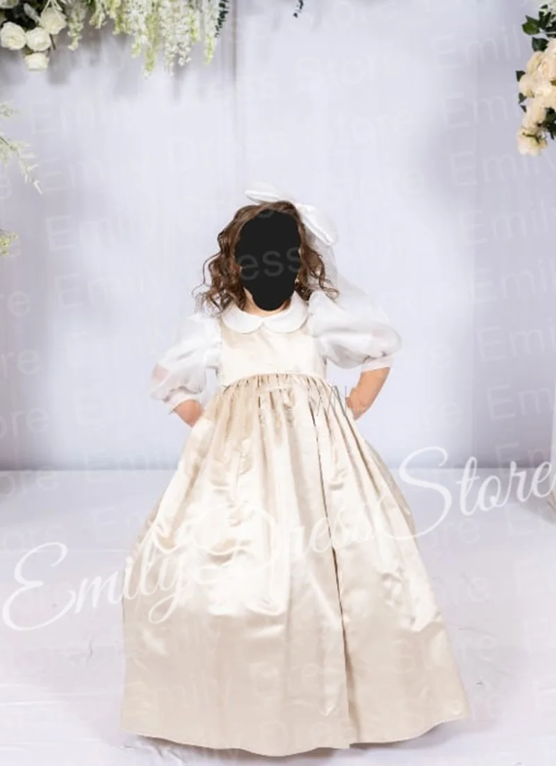 

Customized Light Champagne Flower Girl Dress For Wedding 3/4 Sleeves Puffy Baby Kids Birthday First Communion Bridesmaid Gown
