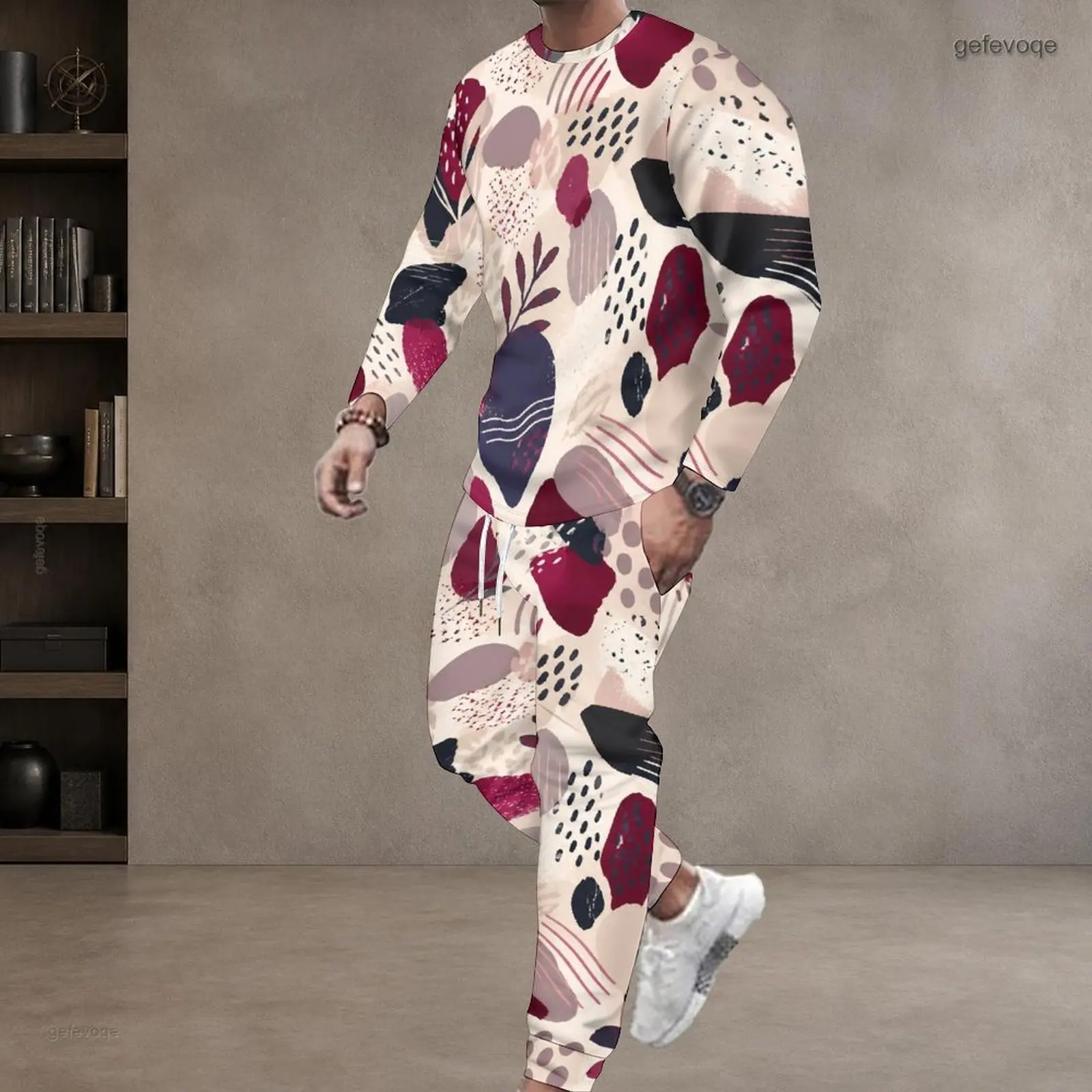Men Abstract Print Round Neck Long Sleeve Top and Cuffed Pants 2 Piece Outfit Set