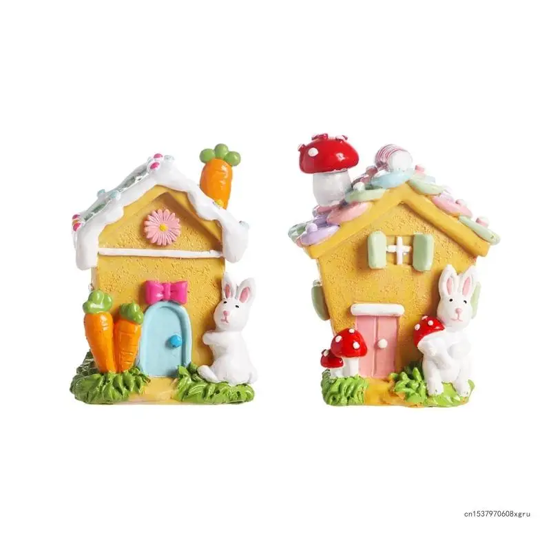 Resins Rabbit Miniature Gingerbreads House Ornament for Home Tabletop Decoration