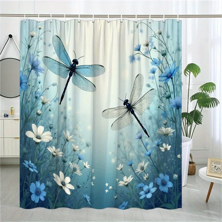 

elegant dragonfly shower curtain with blue flowers and flying insects for serene Waterproof shower curtain Free Hooks Included