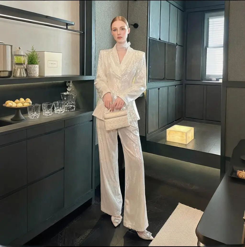 

Банкетные костюмы с блестками для женщин, блестящие вечерние женские костюмы, комплект из 2 предметов, свадебные элегантные нарядные наряды на заказ