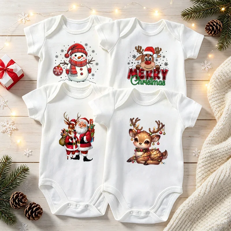 Cute Christmas Baby Onesie Santa Reindeer Snowman Printed Short‑Sleeve White Cotton Newborn Bodysuits