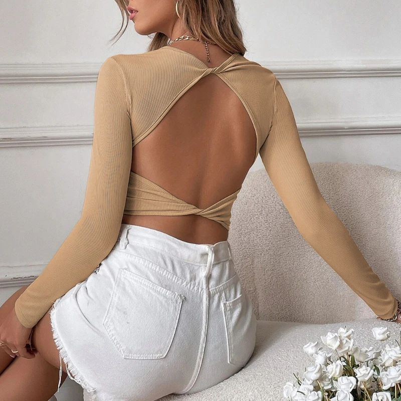 

Spring and Summer 2025 Sexy Backless Casual Short Slim Knit Women's Long Sleeve T-shirt Top