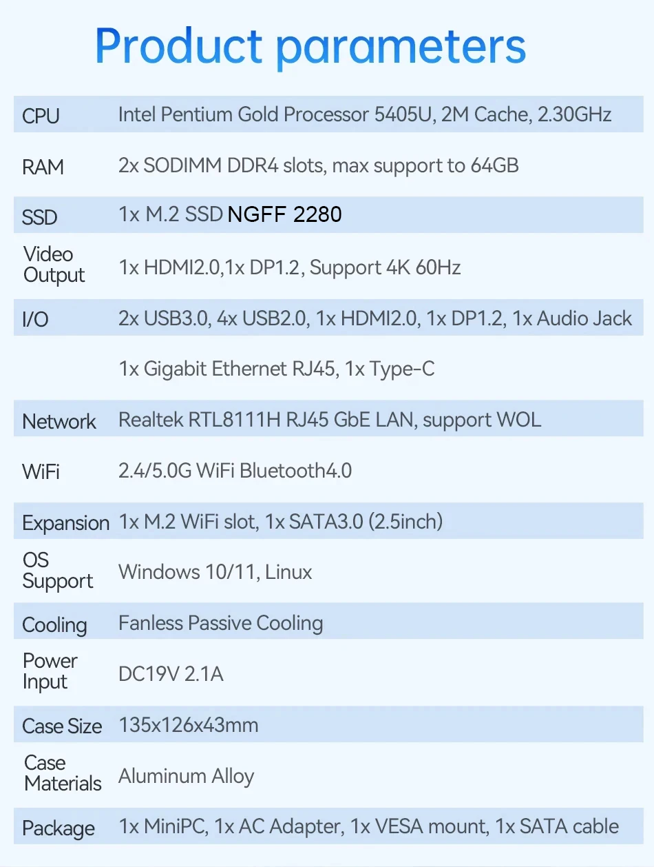 울트라 컴팩트 팬리스 미니 PC 산업용 컴퓨터, 인텔 펜티엄 5405U DDR4 M.2 SSD, 와이파이 블루투스, 윈도우 11, 리눅스 X86