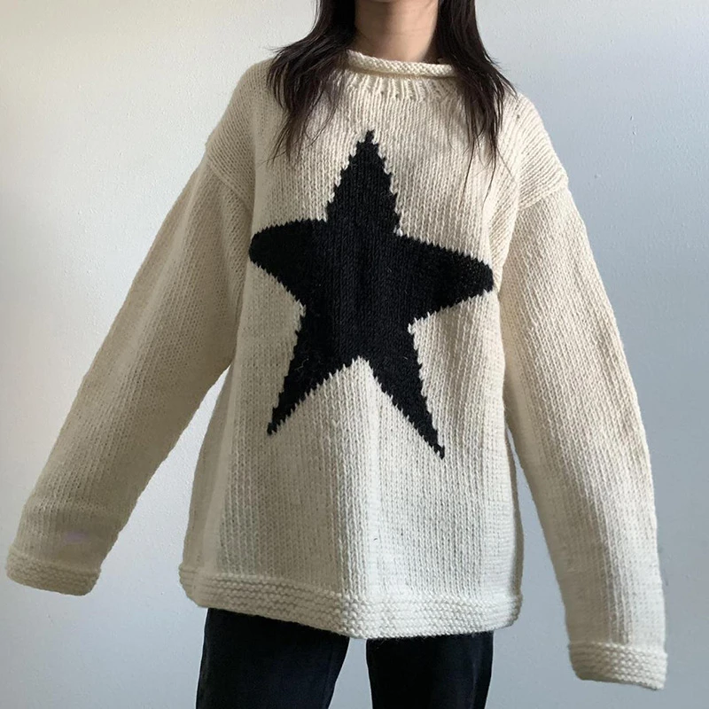 Dourbesty Star Pattern Sweaters Harajuku Vintage Aesthetics Jumpers Grunge Retro Knit Sweater Autumn Winter Baggy Pullovers Tops