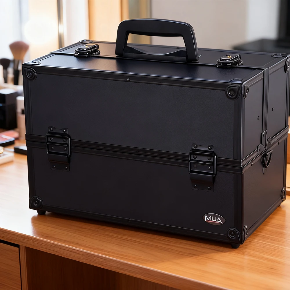 กระเป๋าเครื่องสำอางสำหรับช่างแต่งหน้ามืออาชีพ พร้อมถาดปรับขยายได้ สำหรับใส่ผลิตภัณฑ์ดูแลผิว ผม และแปรง