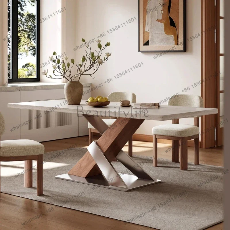 Sintered Stone Dining Desk Modern Light Luxury Household Eating Furnish X-Shaped Solid Wood & Metal Base Dinner