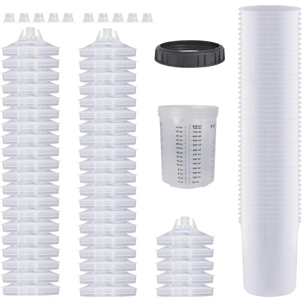 

Disposable Paint Cups for Automotive HVLP Spray Gun 27oz 800ml Kit with 50 Cups Lids 1 Hard Cup Retainer Ring 10 Plugs