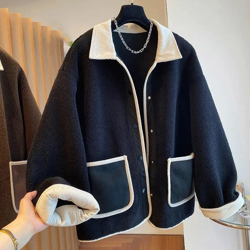 2024 Spring Autumn Female Lamb Wool Outwear Ladies Loose Fit Large Size 4XL Coat Korean Women Fashion Splicing Together Jacket