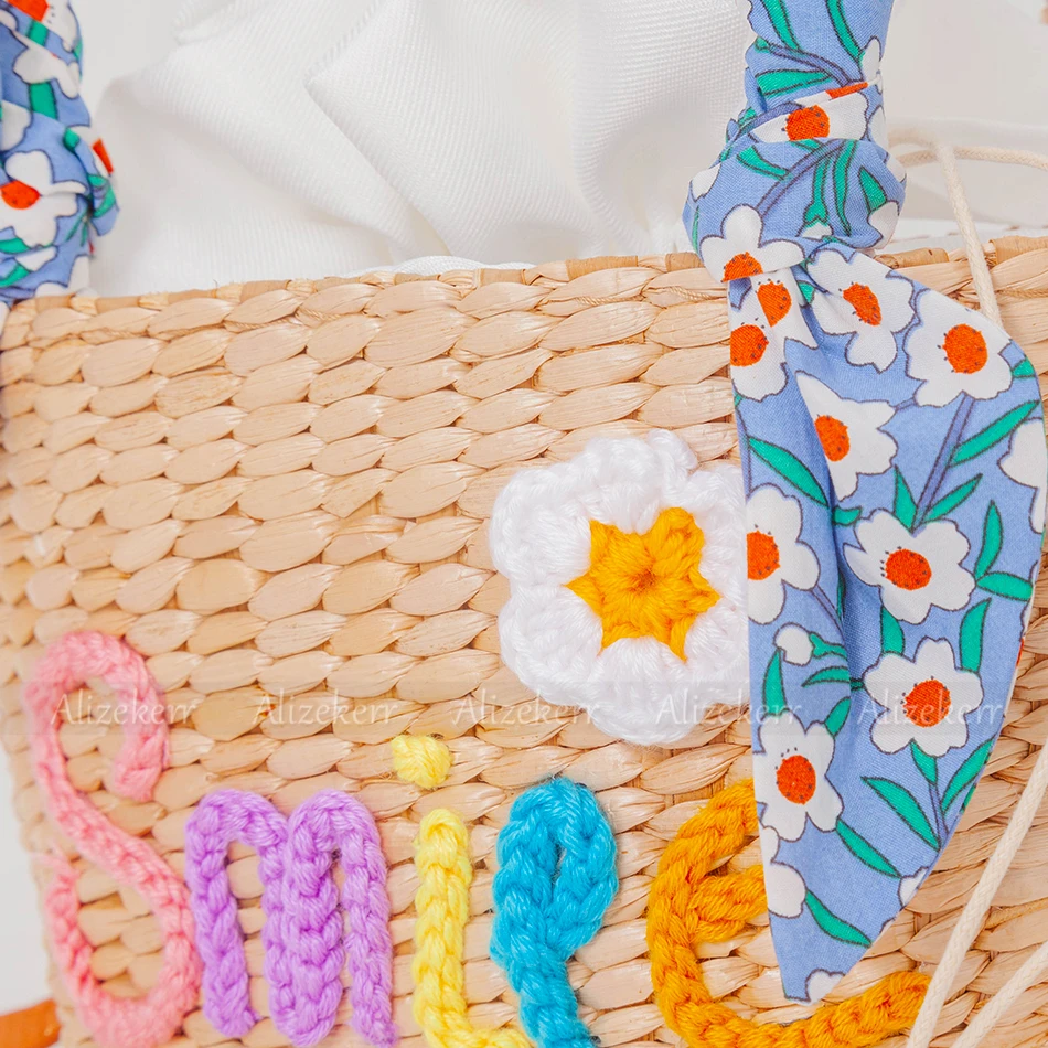 Women Letter Embroidery Straw Bags 2022 New Summer Cute Handmade Flowers Natural Rattan Beach Shoulder Crossbody Bags Holiday