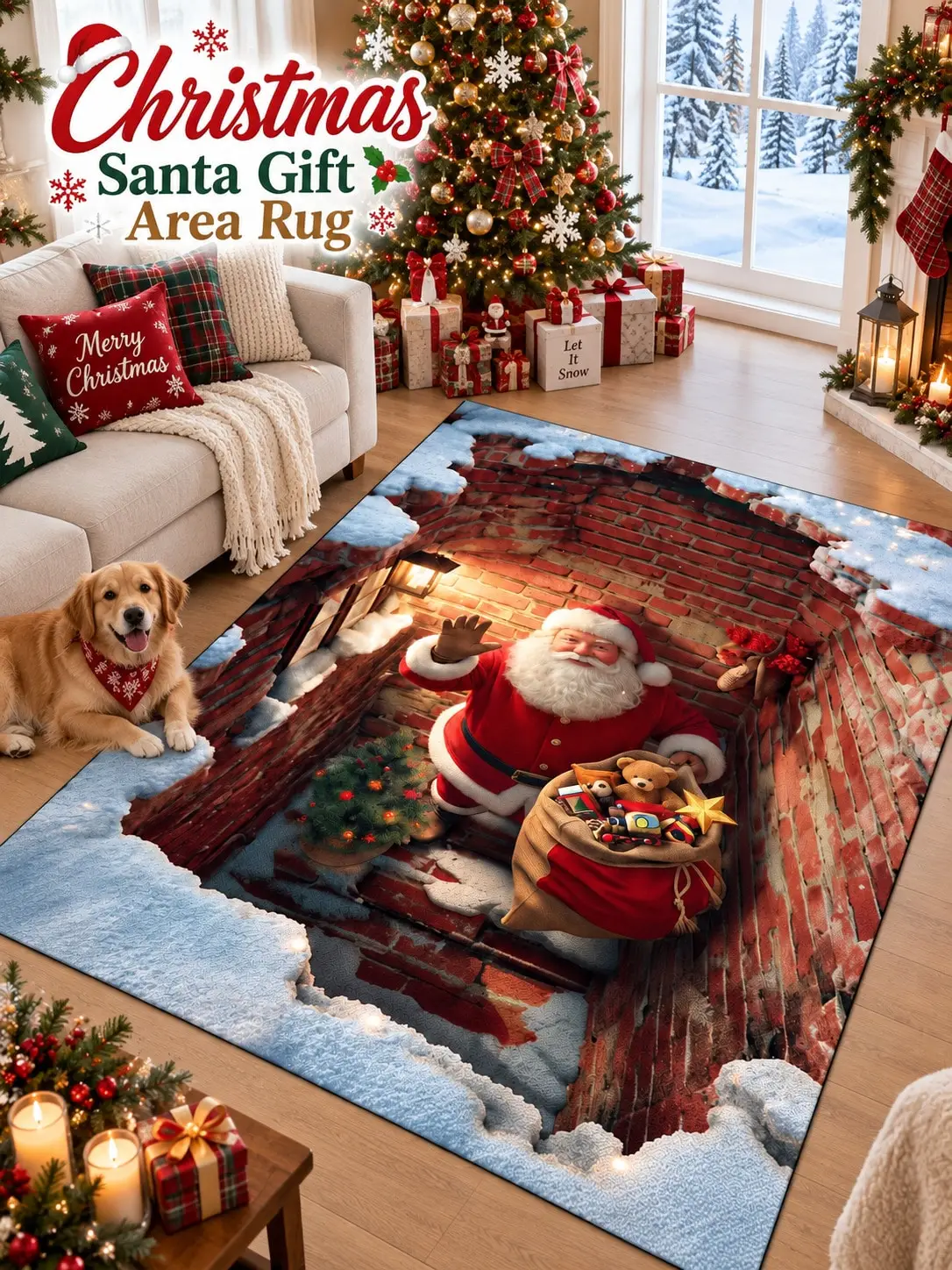 Christmas Rug Santa Chimney Presents Snow Floor Decor Carpet Living Room Bedroom Dining Area Entryway Apartment Cabin Winter Home Styling Beside Sofa Coffee Table Housewarming Birthday Gift for Family Friends Neighbors Homeowners Holiday Celebrations