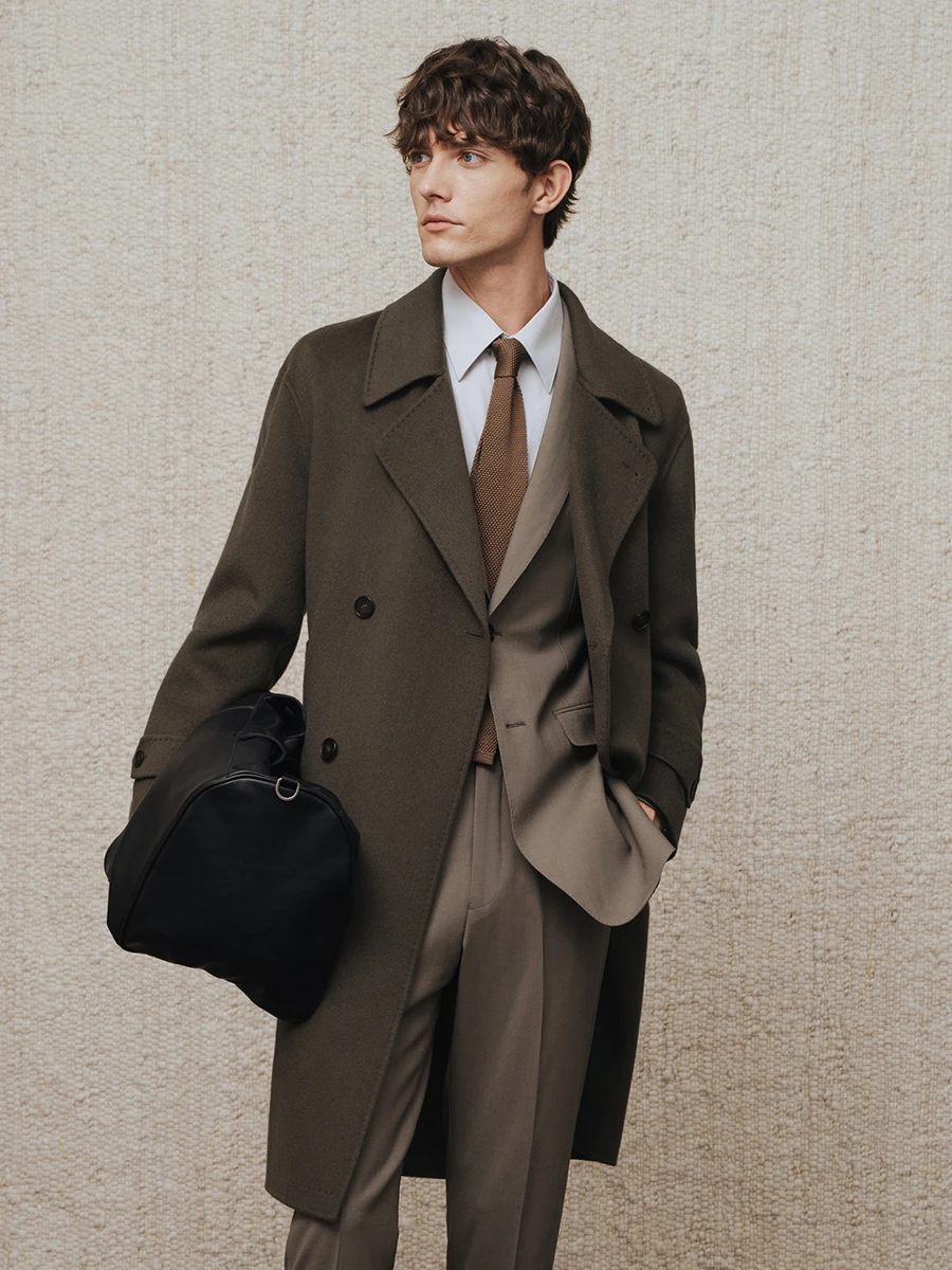 معطف كشمير 95% من الصوف 5% للرجال معطف شتوي مزدوج الصدر مع طية صدر السترة متوسطة الطول من مزيج الصوف الثقيل للأعمال