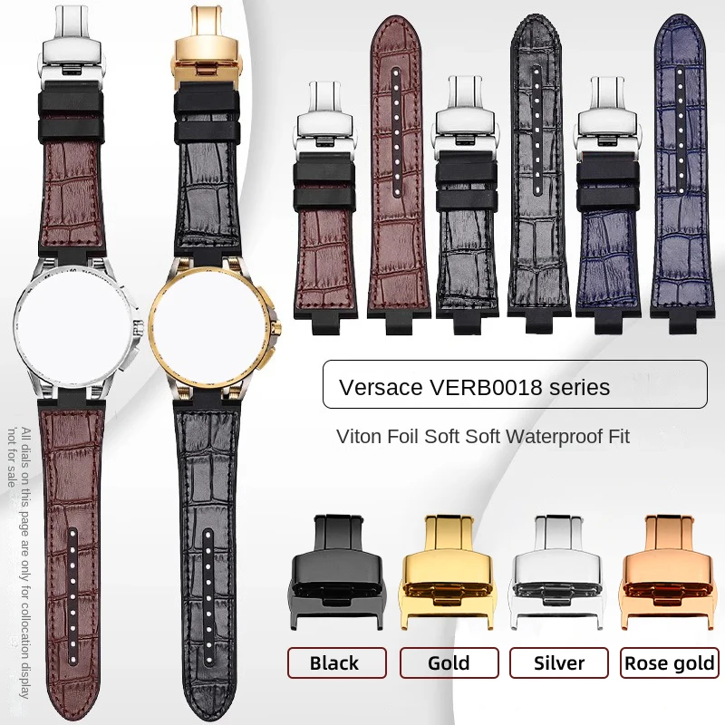 

For Versace Strap Men FKM Strap Adhesive VE Sport Tech Three Eye Lea-ther Raised Mouth VERB0018 0218 watch belt Butterfly buckle