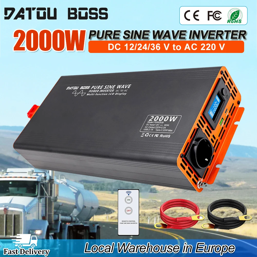 DATOUBOSS 2000W Wechselrichter DC 12V/24V/36V Reiner Sinus-Wechselstrom AC 220V Stromwandler für Zuhause, LKW und Auto mit USB Typ C LCD