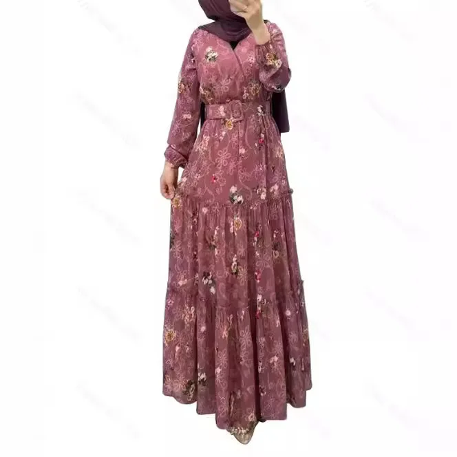 Casual Floral High Neck Long Dress for Women Islam Muslim Dress Women Belt Dubai Abayas African Robe Musulmane Femme Vestidos