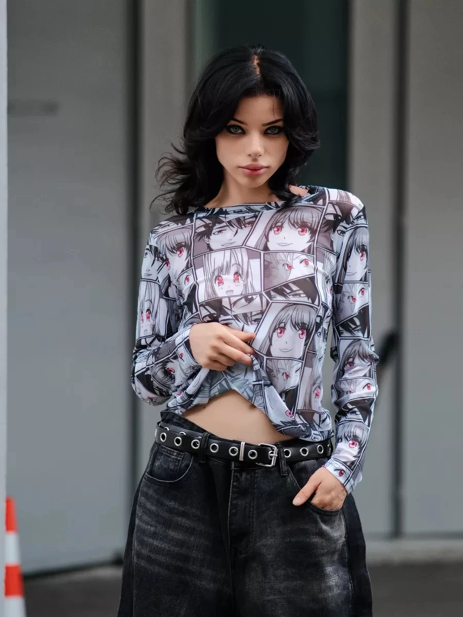 Women's Y2k Long Sleeve Print Extended Anime Shirt Top Women's Gothic Style Street Casual Slim Fit Popular Cartoon Print Top