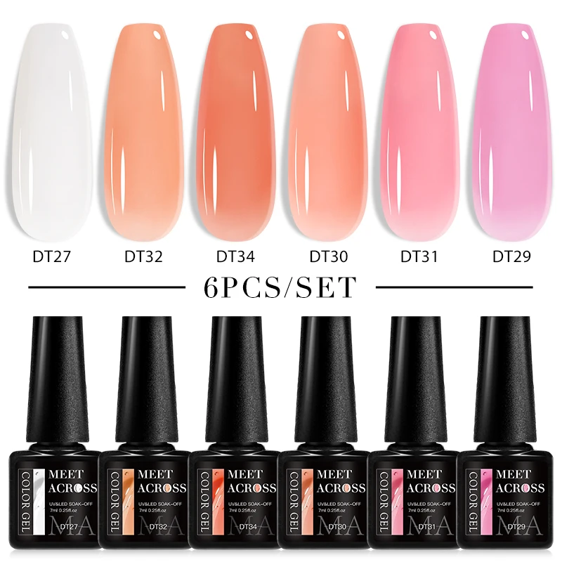 

MEET ACROSS 6PCs/SET Jelly Gel Nail Polish Set 7ML Nude Glitter Jelly Gel Polish Semi-Transparent Soak Off UV LED Gel Varnish