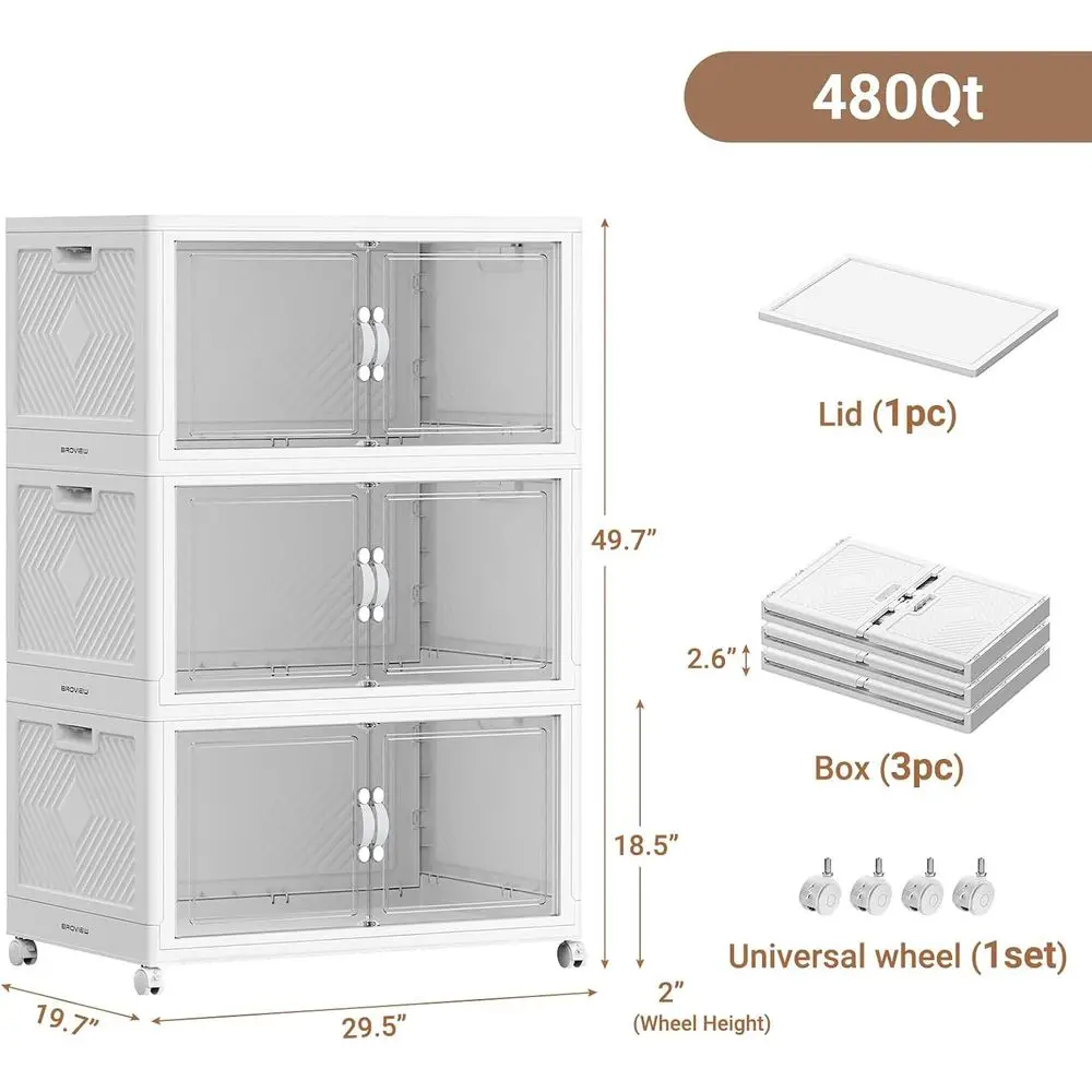 480QT Large Stackable Storage Bins with Clear Do, V20 3Pack | 120Gal Plastic Closet Organizer Cabinet with Lid and Wheels, Colla