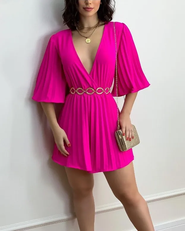 Solid Color Pleated Short Jumpsuits Women Sexy Deep V-neck Backless Flared Half Sleeve Jumpsuit Fashion Elegant Female Clothing