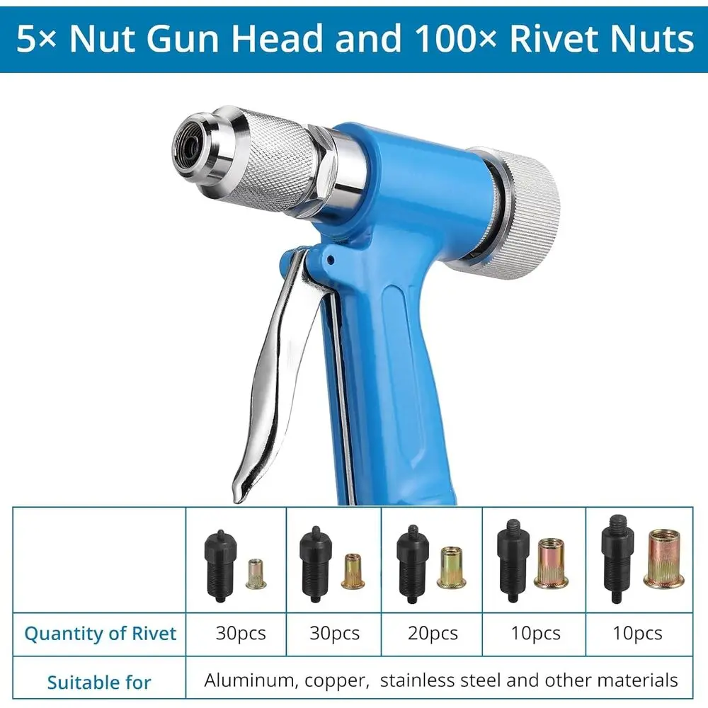 Heavy Duty Pneumatic Rivet Nut Gun with 100PCS Rivet Nuts, Thread Setter Kit with 5pcs Metric Mandrels for Body Panels, Bicycle