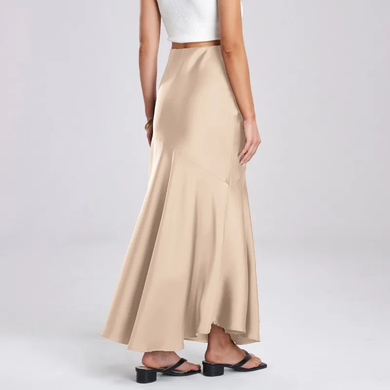 تنورة صيفية جديدة عالية الخصر من الساتان النحيف على شكل ذيل السمكة للنساء تنورة أنيقة سوداء طويلة الخصر ملفوفة على الموضة بمزاج متين