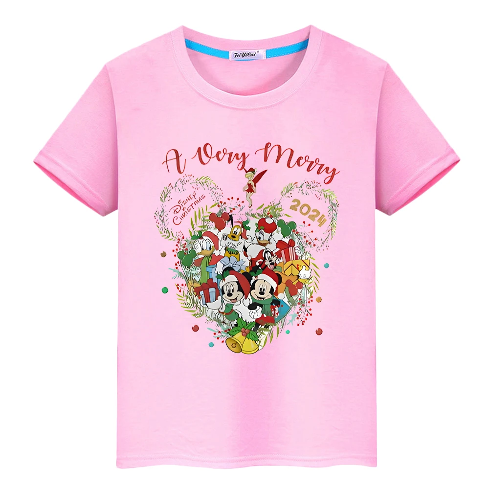 Christmas Print Disney Mickey t shirt for kids boy 10year 100%Cotton Kawaii Tops anime Short tshirt y2k one piece girl clothes image 6