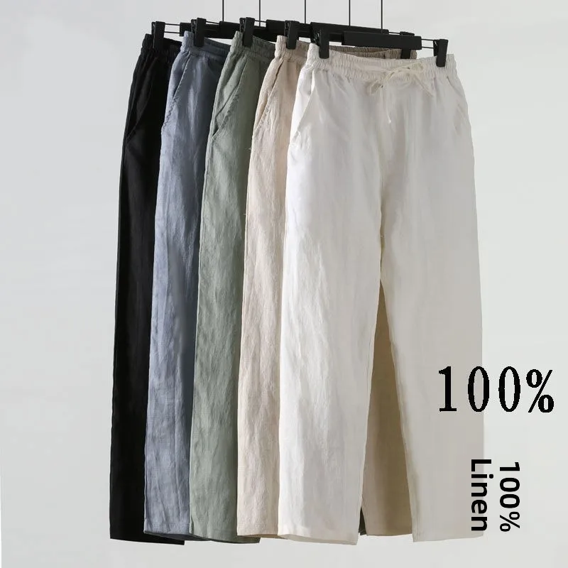 

Summer Men's Linen Pants Thin Loose Large Size Cotton Linen Nine Points Casual Pants Beach Style Straight Leg Daily Wear